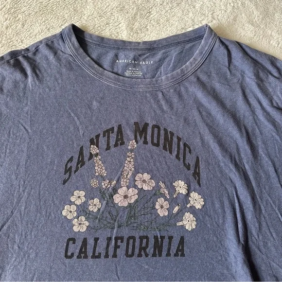 American Eagle Santa Monica Blue Graphic Tee M Floral Cropped Oversized Casual - Picture 4 of 8